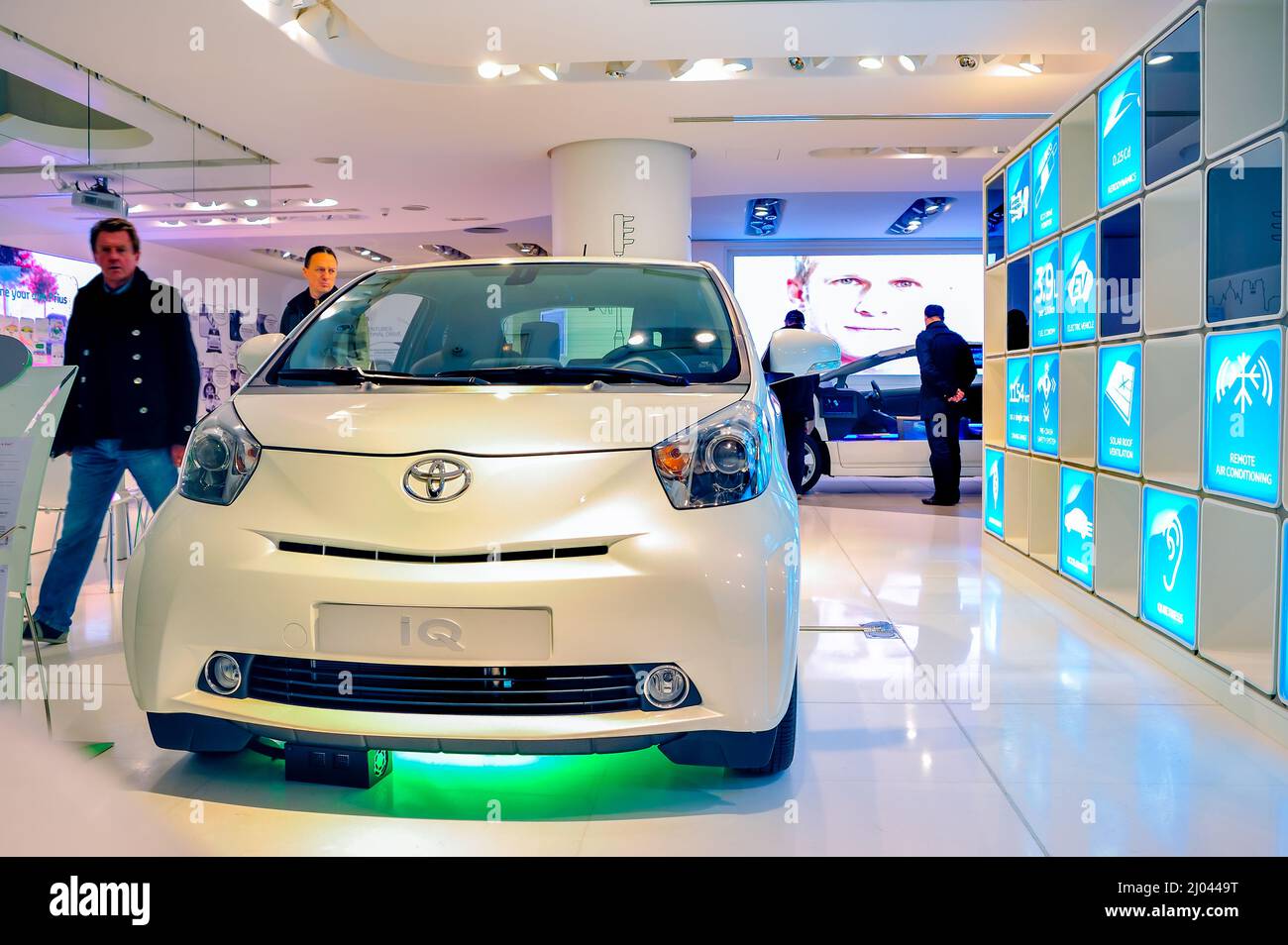 Paris, France, Display, Front, Shopping in  New Car Showroom, Toyota Car, IQ, Hybrid Engine, electric cars for sale Stock Photo