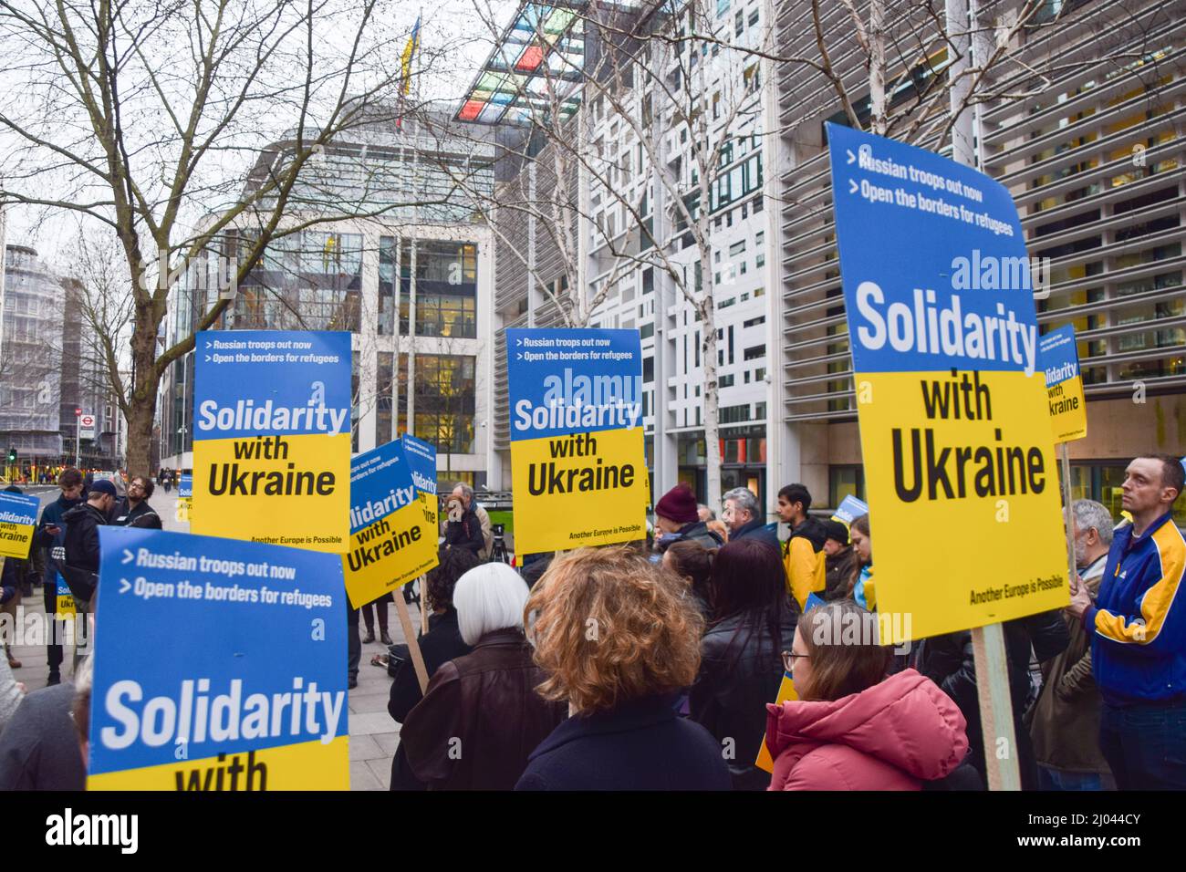 London, UK. 15th March 2022. Protesters gathered outside the Home Office in solidarity with Ukraine and called on the UK Government to waive visa requirements for Ukrainian refugees. Stock Photo