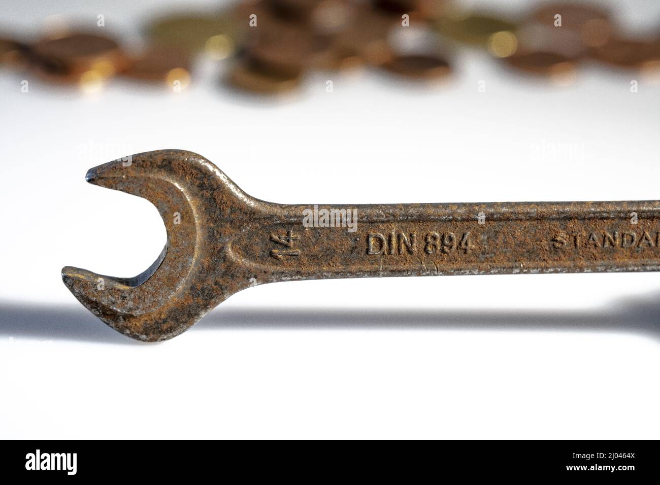 Openend wrench Tool Detail and unsharp Euro Cent Coins Stock Photo Alamy