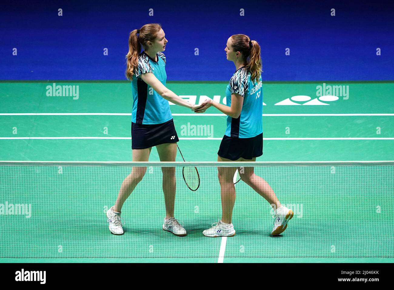 Denmark's Christine Busch (right) and Amalie Schulz in action against England's Jessica Pugh and Chloe Birch during day one of the YONEX All England Open Badminton Championships at the Utilita Arena Birmingham. Picture date: Wednesday March 16, 2022. Stock Photo
