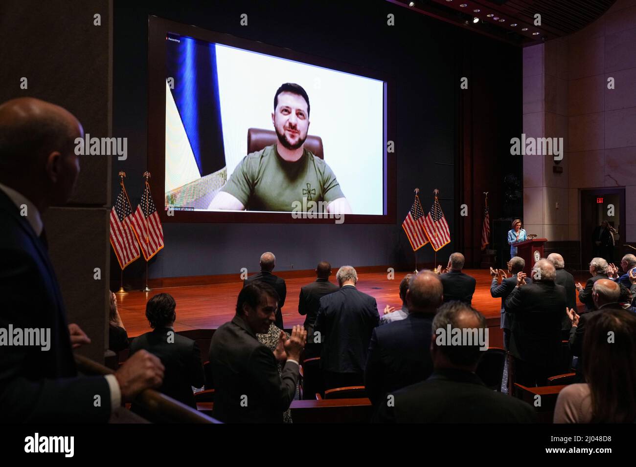 President Volodymyr Zelenskyy of Ukraine delivers a virtual address to Congress in the U.S. Capitol Visitors Center Congressional Auditorium in Washington, D.C. on Wednesday, March 16, 2022. Credit: Sarahbeth Maney / Pool via CNP Stock Photo