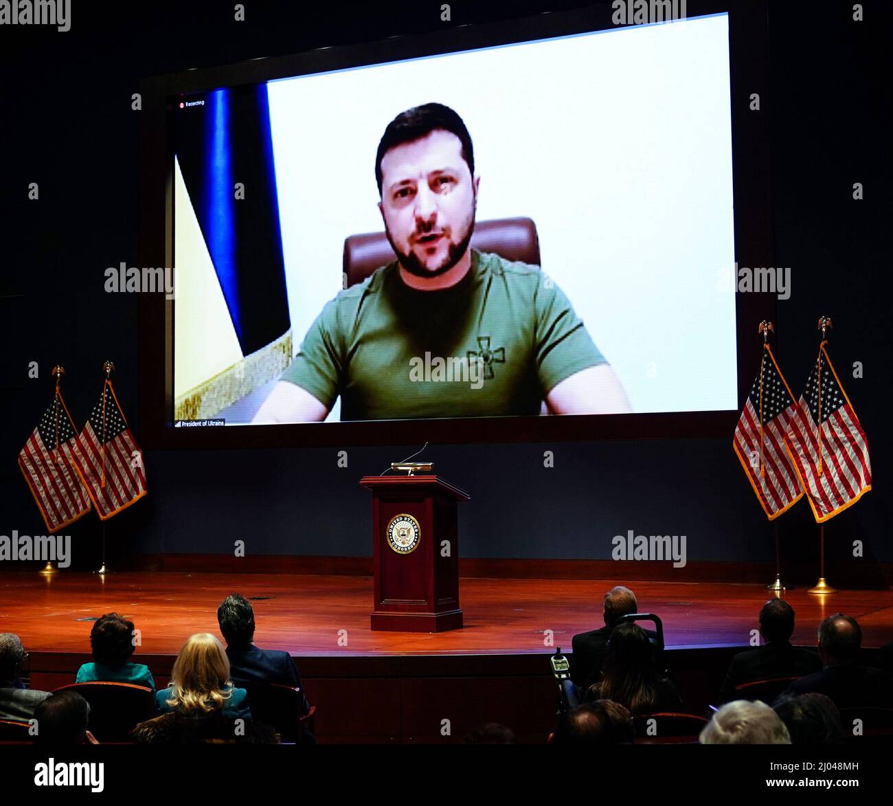 Ukraineï¿ s President Volodymyr Zelenskiy delivers a video address to senators and members of the House of Representatives gathered in the Capitol Visitor Center Congressional Auditorium at the U.S. Capitol in Washington, U.S., March 16, 2022. Credit: Sarah Silbiger / Pool via CNP Stock Photo