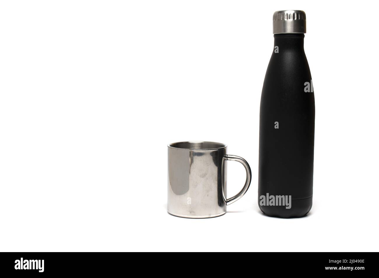 Blue Plastic Thermos Flask And Cup On White Background Stock Photo - Alamy