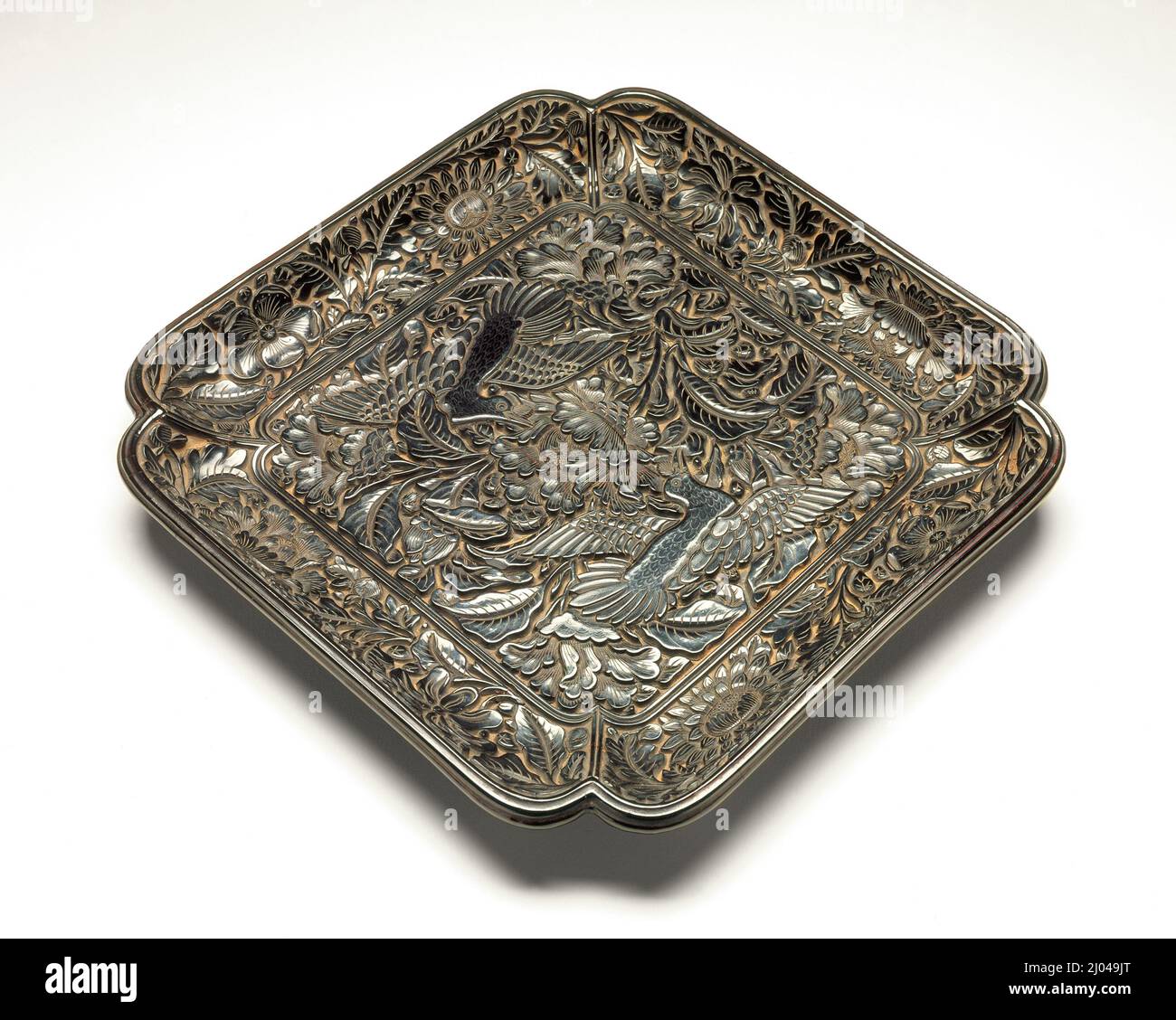 Square Tray (Fang Pan) with Pair of Birds in Peonies. China, Chinese, early Ming dynasty, about 1368-1450. Furnishings; Serviceware. Carved black lacquer on wood core Stock Photo