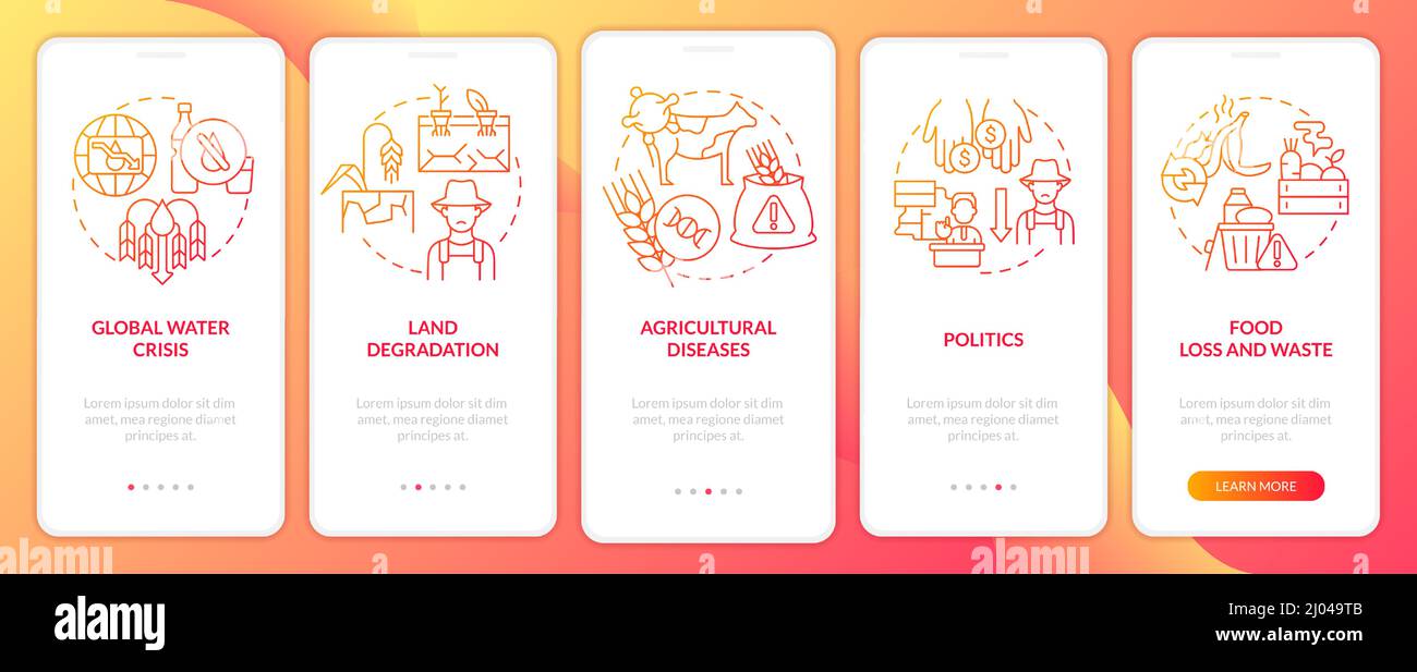 Food security challenges red gradient onboarding mobile app screen Stock Vector