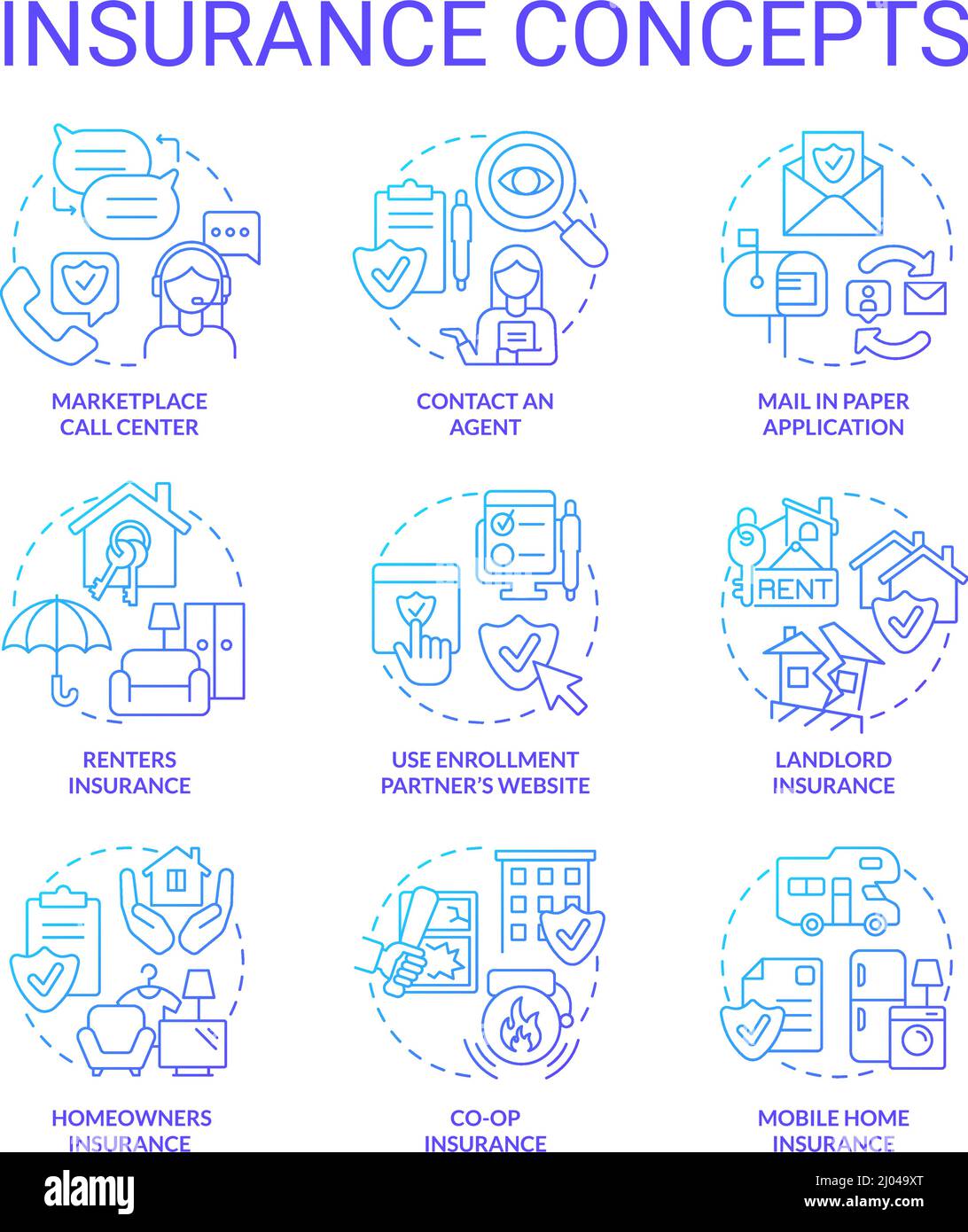 Insurance blue gradient concept icons set Stock Vector