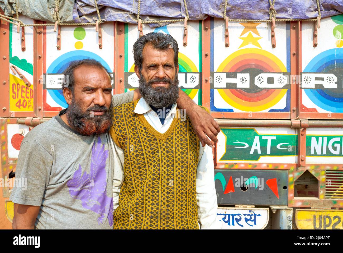India. Portrait of two truck drivers Stock Photo