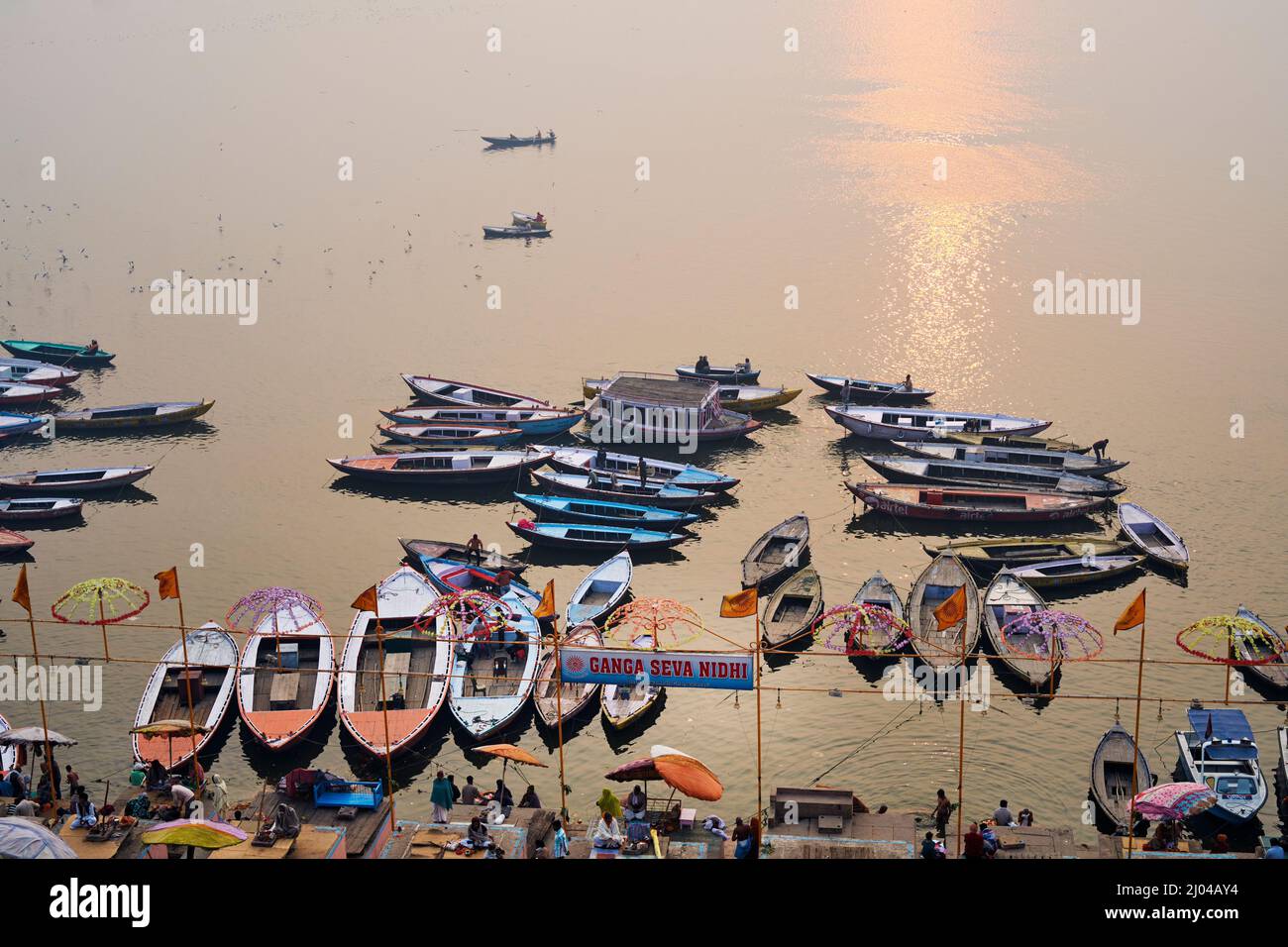 India. Varanasi Benares Uttar Pradesh. The river Ganges at sunrise Stock Photo