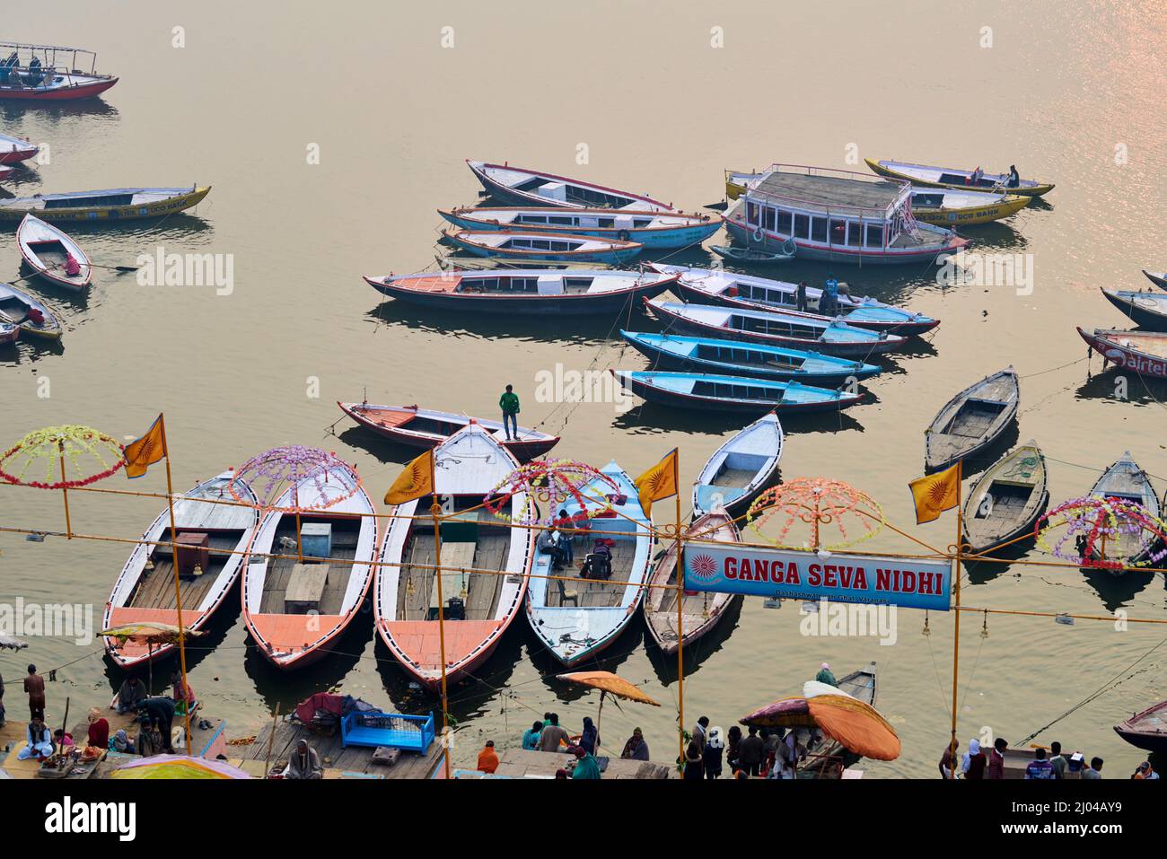 India. Varanasi Benares Uttar Pradesh. The river Ganges at sunrise Stock Photo