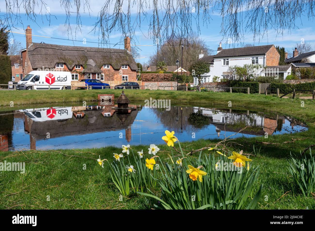 Oakley village centre with daffodils by the duck pond during spring, Hampshire, England, UK, and a DPD parcel delivery van Stock Photo