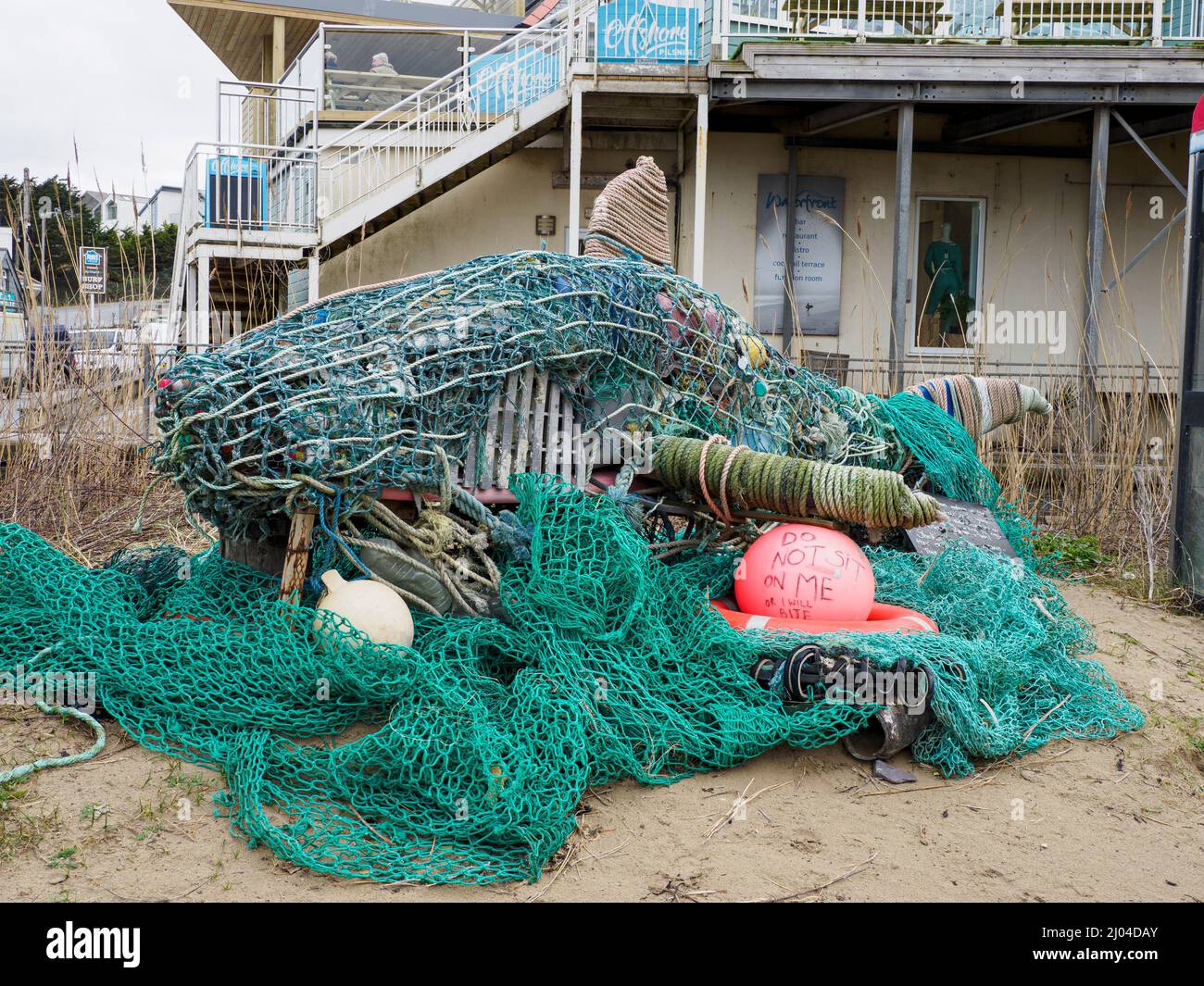 Sculpture of a shark made from marine rubbish washed up on the beaches around Polzeath, at the Marine Conservation Group centre, Polzeath, Cornwall, U Stock Photo