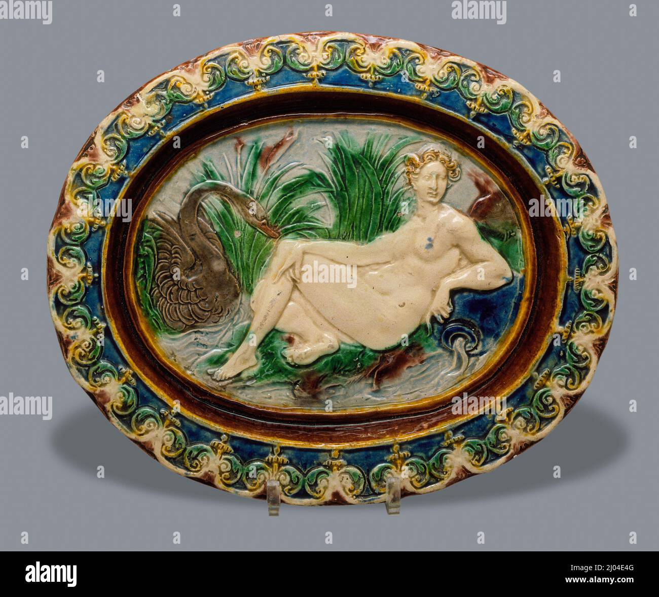 Oval Dish with Leda and the Swan. Palissy (after), Bernard (France, 1509–1590). France, 1560-1600. Furnishings; Serviceware. Lead-glazed earthware, Palissy ware Stock Photo