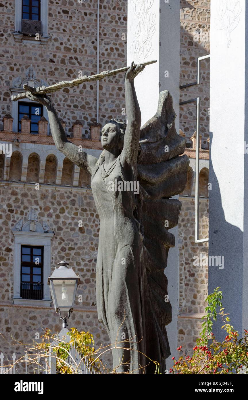 Bronze statue of an angel with a sword -  Monument to Victory -  outside the Alcazar de Toledo Stock Photo
