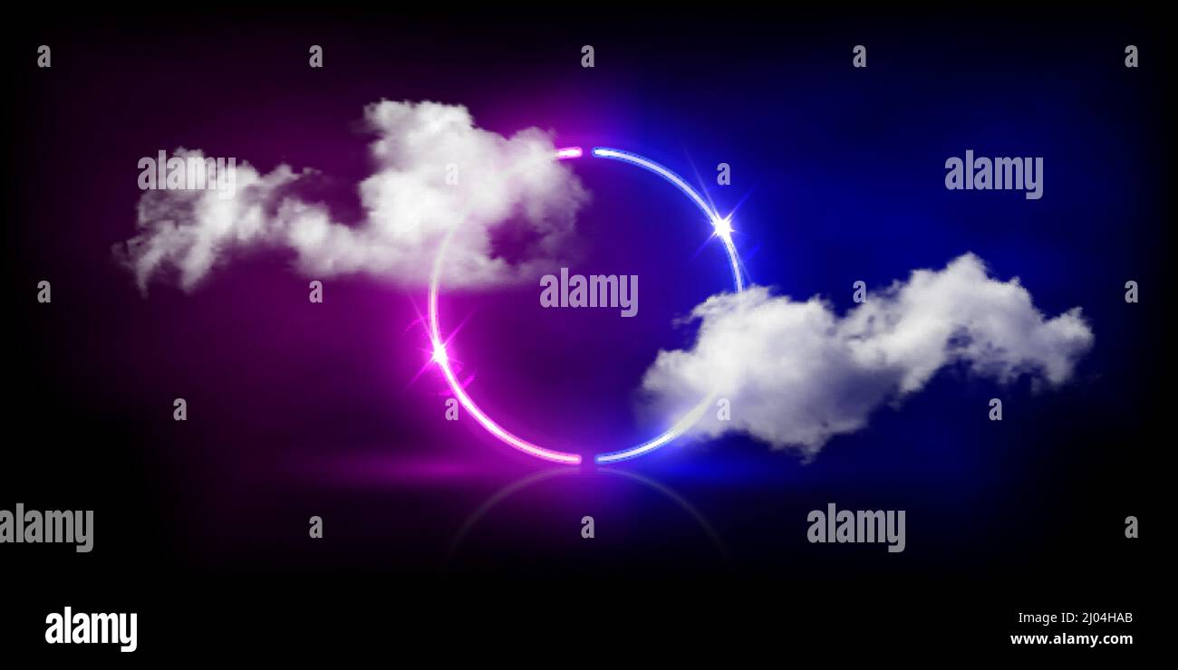 Neon light circle frame glowing among soft clouds in dark sky vector ...