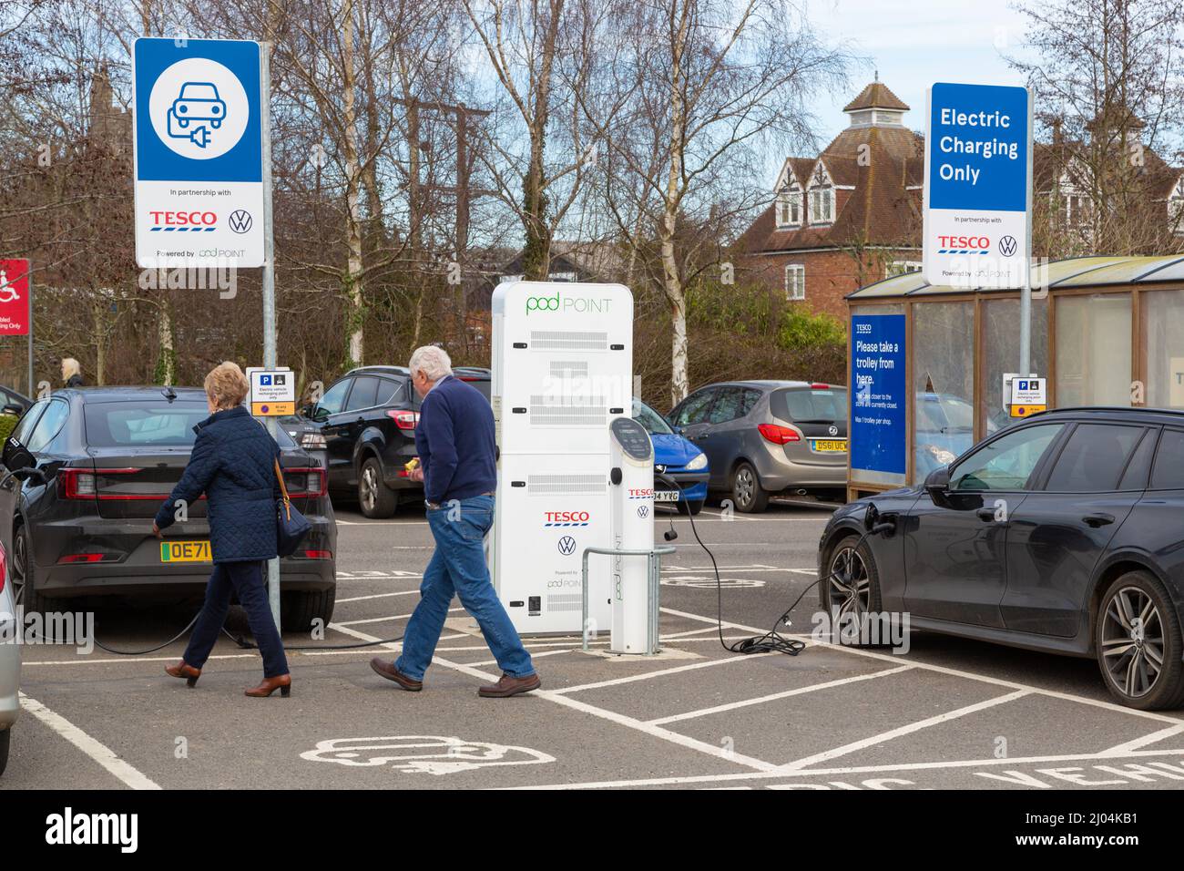 Electric vehicle charging points and cars charging, tesco, tenterden