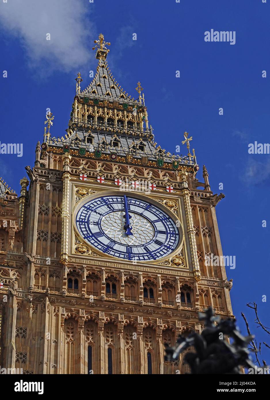 Westminster, London, 2022.  Close up of the newly unveiled Big Ben Clock face. It has recently been restored to it's former colour of a blue hands and Stock Photo