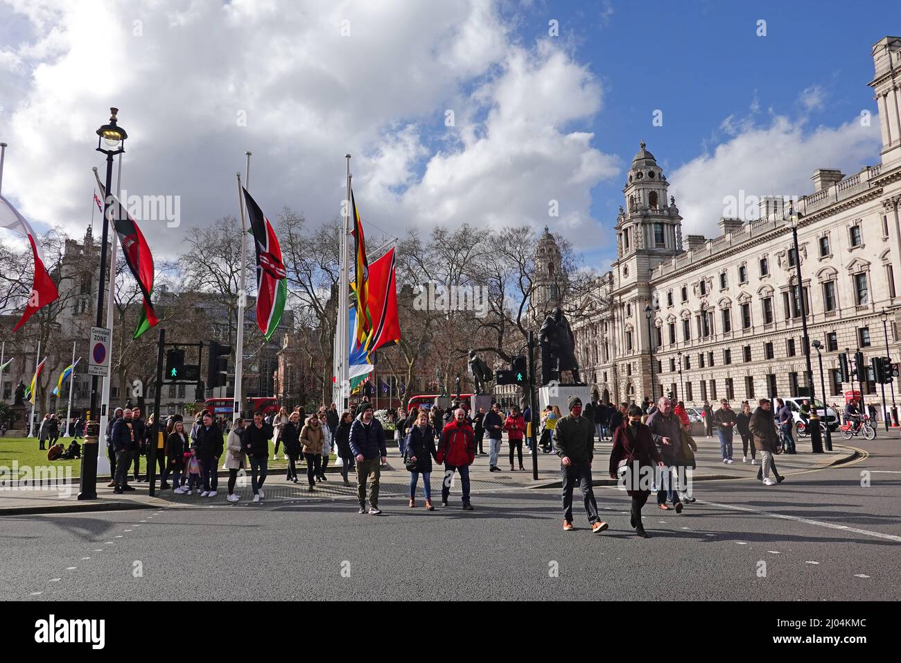 Paliament Square, London, 2022.  Parliament Square in London is a popular tourist attraction, people are starting to return now that Covid restictions Stock Photo