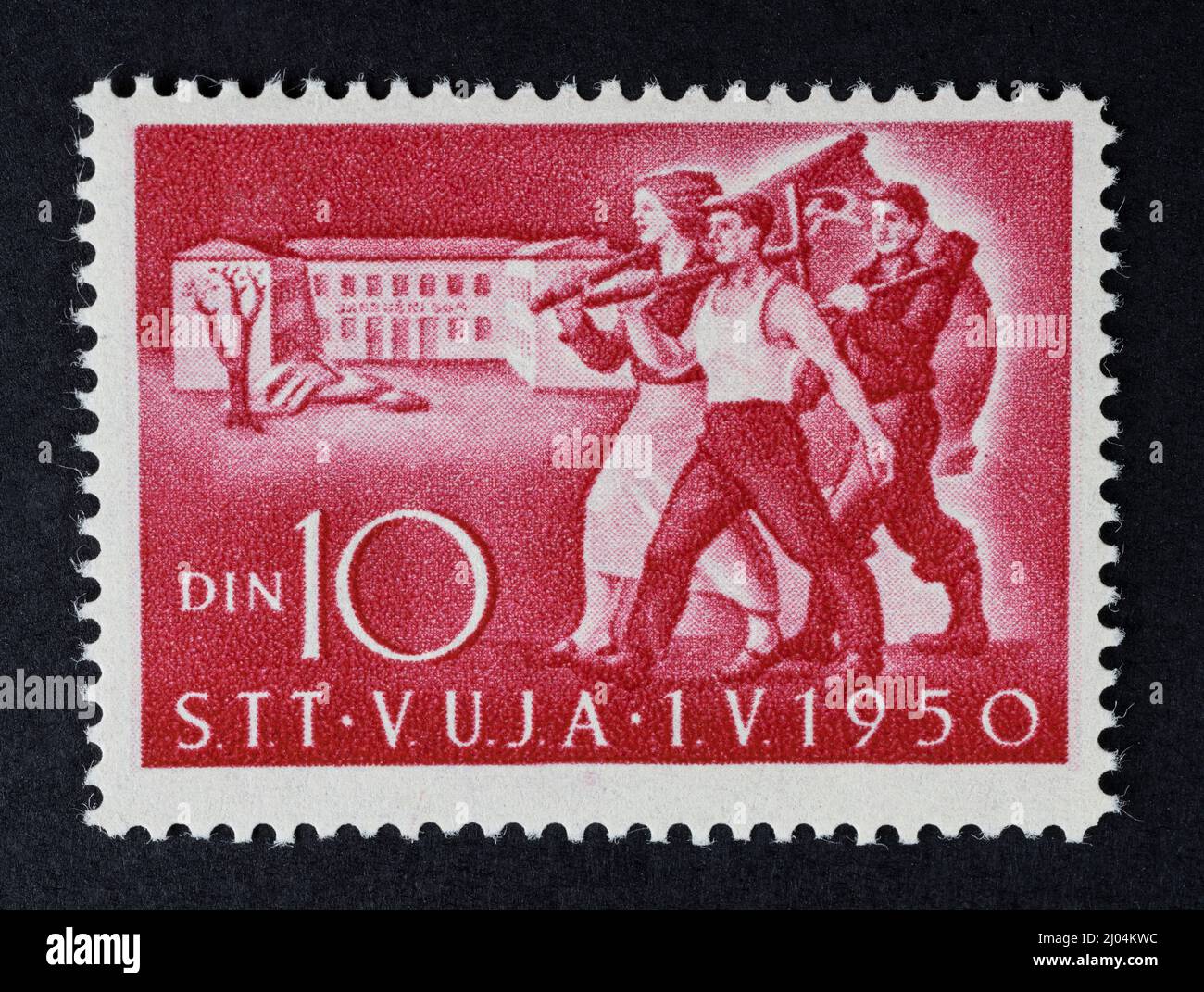 commemorative stamp of May 1st from the former Yugoslavia with the overprint of the free territory of Trieste, zone B of the year 1950. Stock Photo