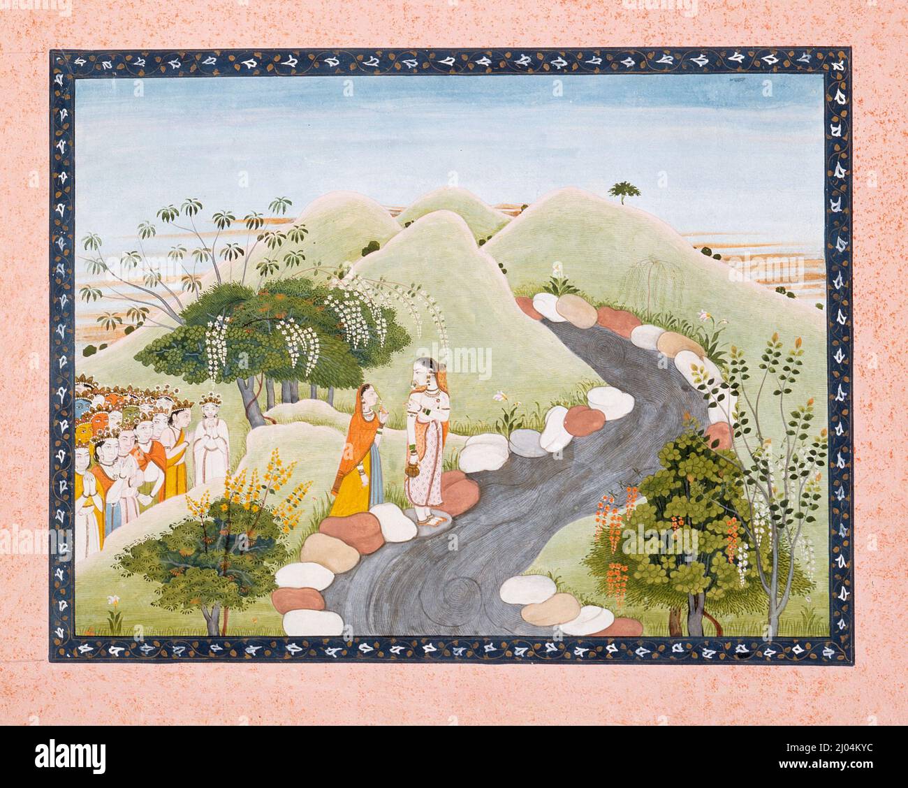 The Emergence of Kaushiki, Folio from a Devimahatmya (Glory of the Goddess). India, Himachal Pradesh, Guler, circa 1750 or earlier. Drawings; watercolors. Opaque watercolor, gold, and silver on paper Stock Photo