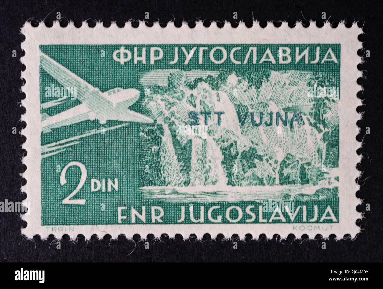 Commemorative stamp of Plitvice waterfalls from the former Yugoslavia with the overprint of the free territory of Trieste, zone B of the year 1954 Stock Photo
