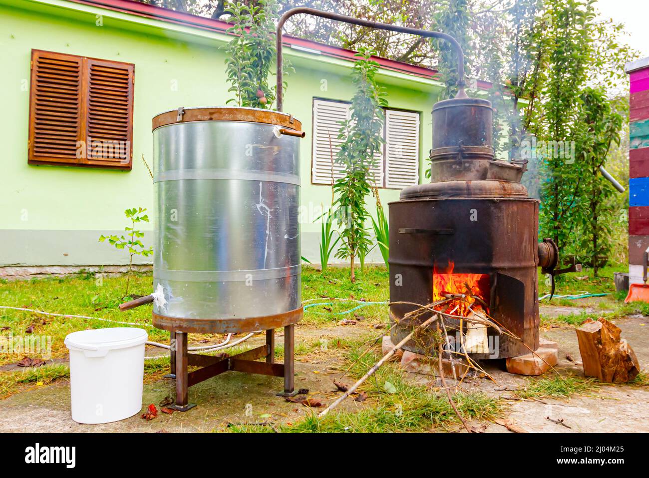 Domestic production with homemade distillery made of copper, making