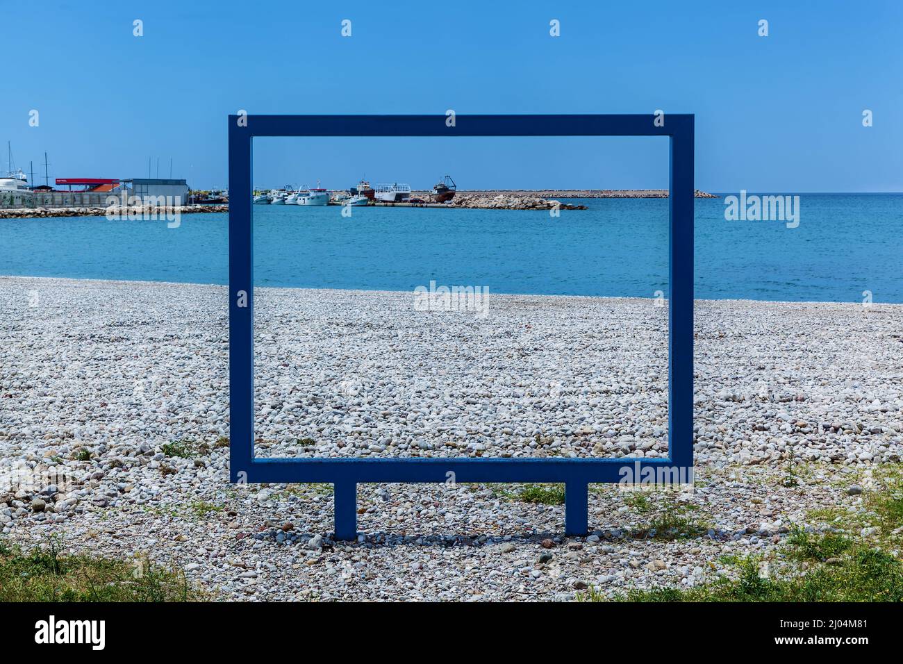 Metalic square for photo on the seashore in Montenegro. Beautiful sea
