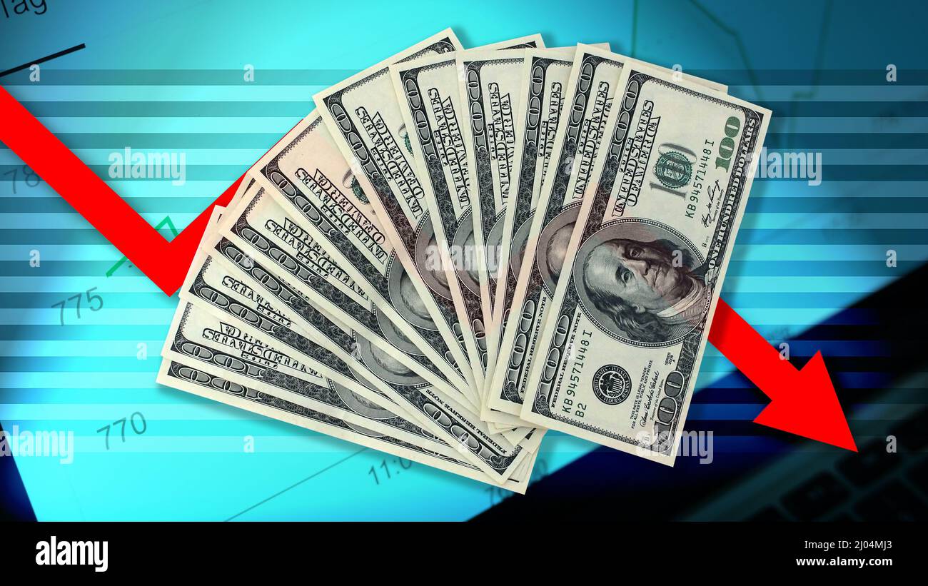 Economy graph: 100 dollar bills and downward arrow (debt, fall, loss ...