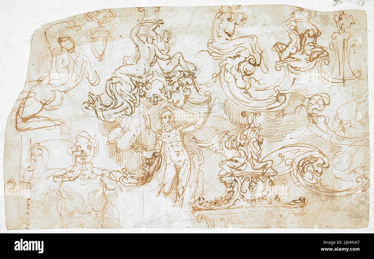 Sheet of Figural, Ornamental and Architectural Studies (recto and verso). Pellegrino Tibaldi (Italy, Puria di Valsolda, 1527-1596). Italy, 1527 - 1596. Drawings. Pen and brown ink Stock Photo