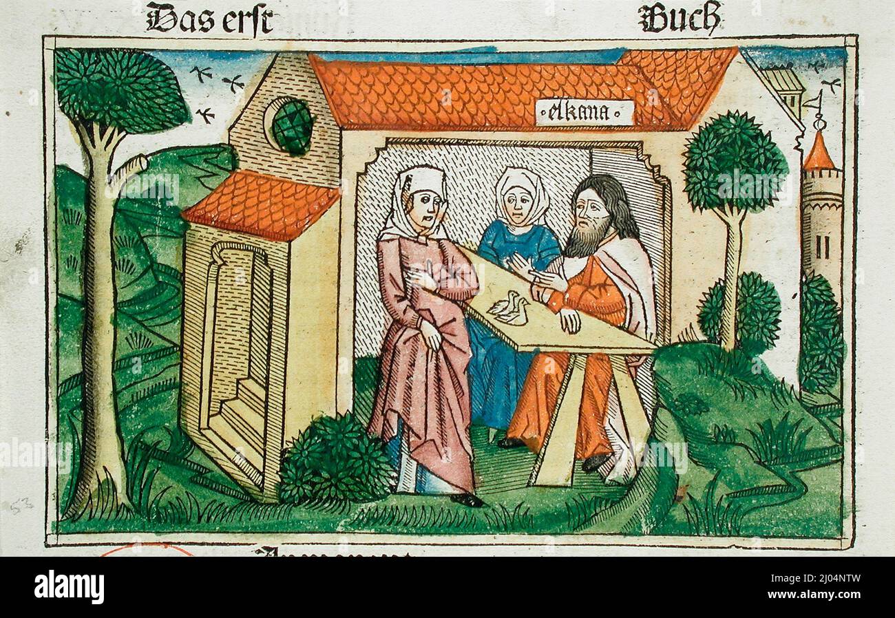 Elkanah with his Two Wives. Germany, published 1483. Prints; woodcuts