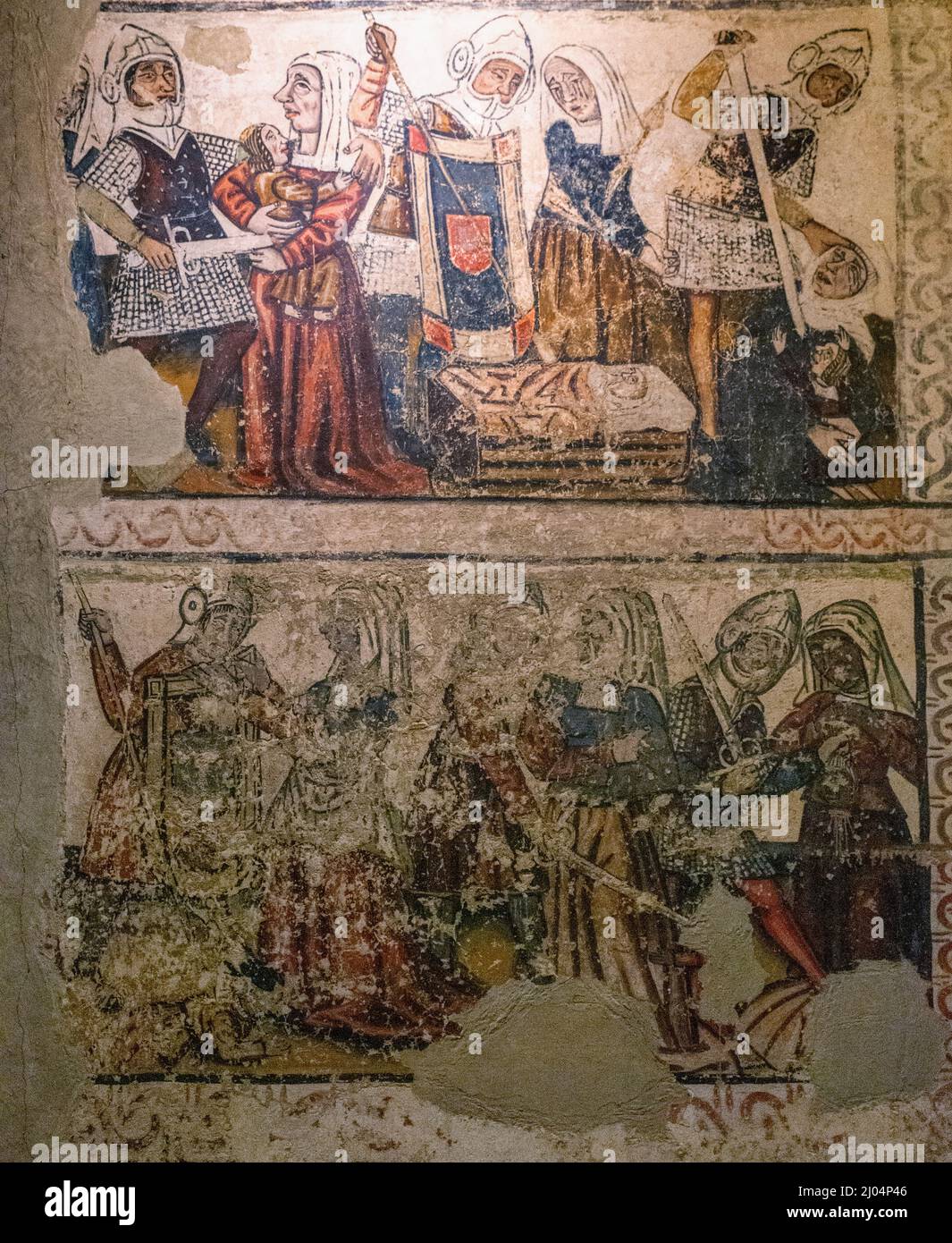 Pinturas murales de la nave central, siglo 14. Detalle. Catedral de Mondoñedo. Provincia de Lugo, Galicia, España. Stock Photo