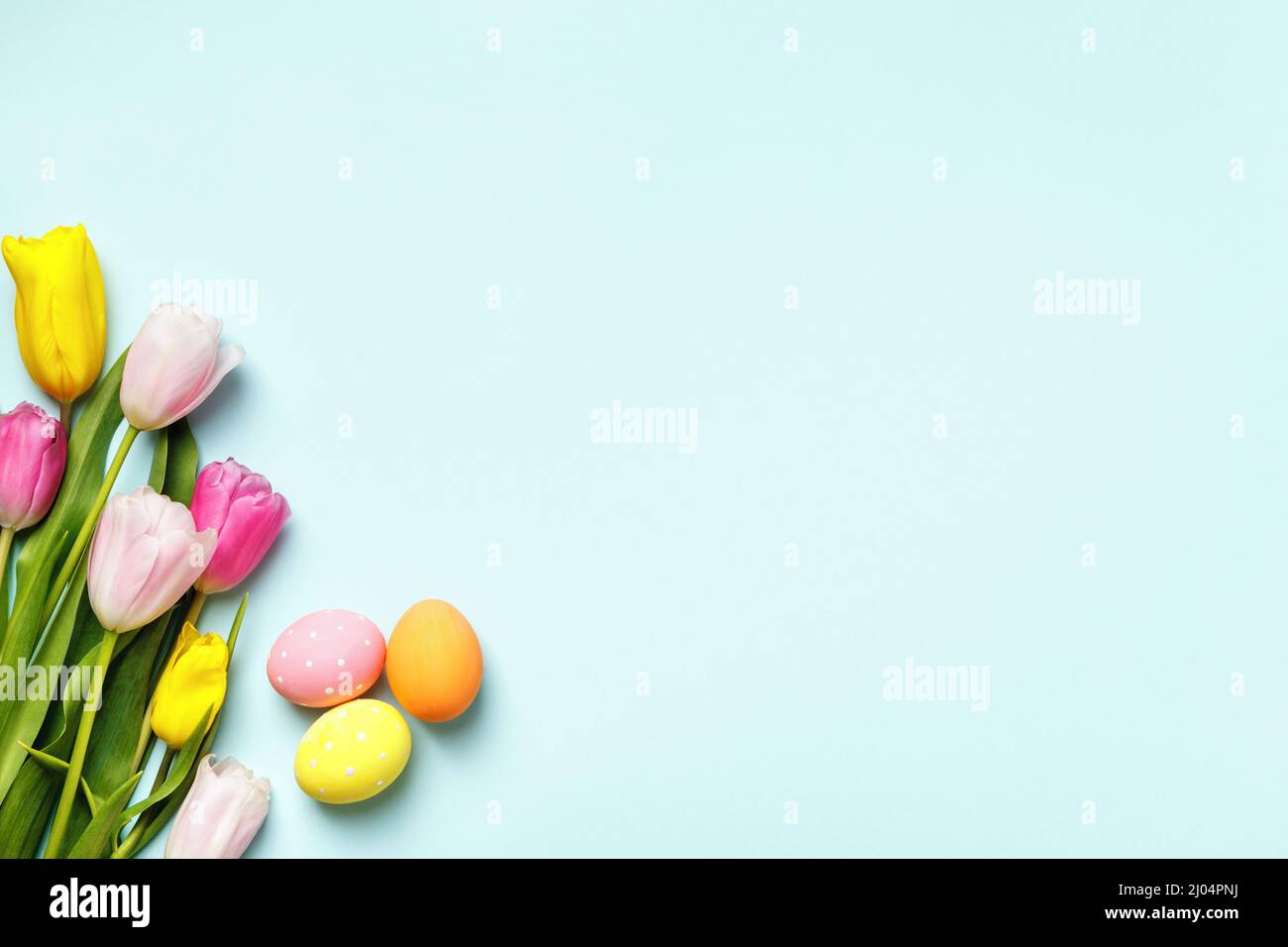Easter composition. Eggs and flowers tulips on a blue background. Stock Photo