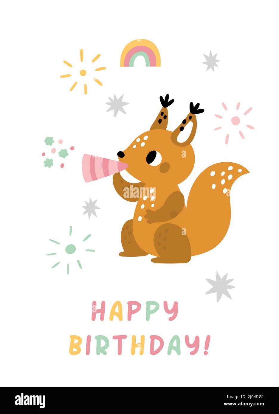 Happy birthday card with cute little squirrel in childish style Stock