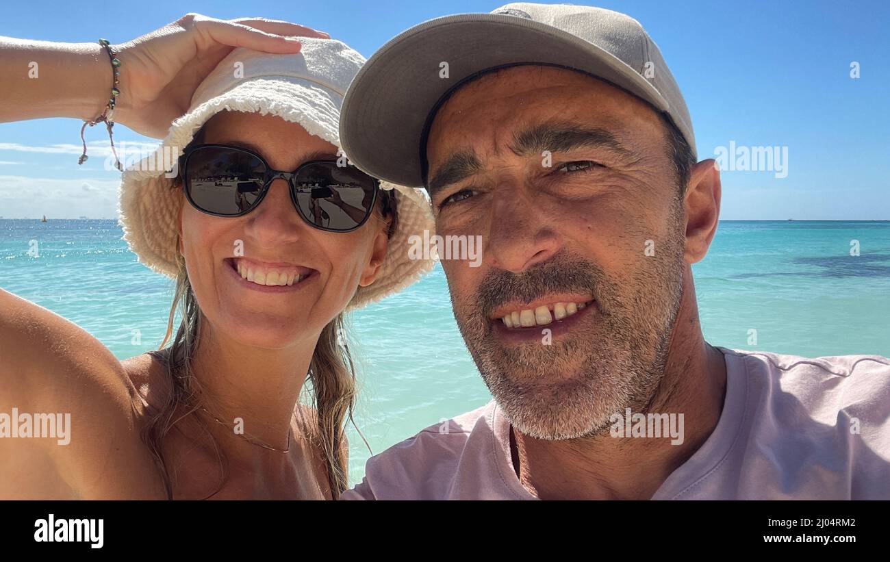 couple taking selfie on the honeymoon at Tulum Stock Photo