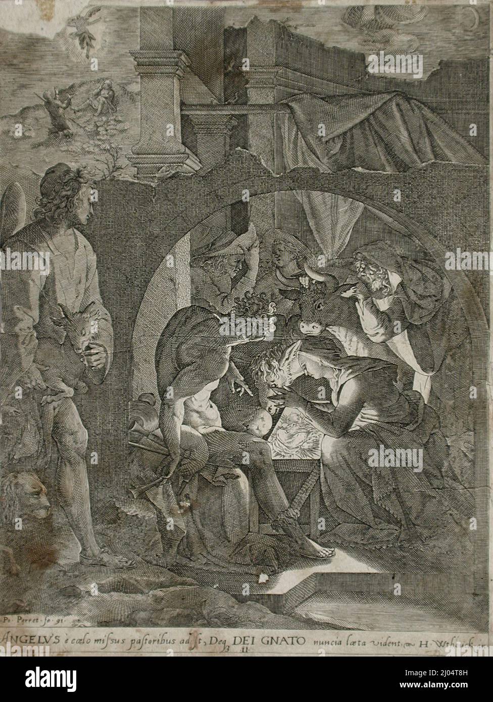 Adoration of the Shepherds. Pieter Perret (Holland, active Spain, 1555-circa 1625). Holland, 1591. Prints; engravings. Engraving, laid down Stock Photo