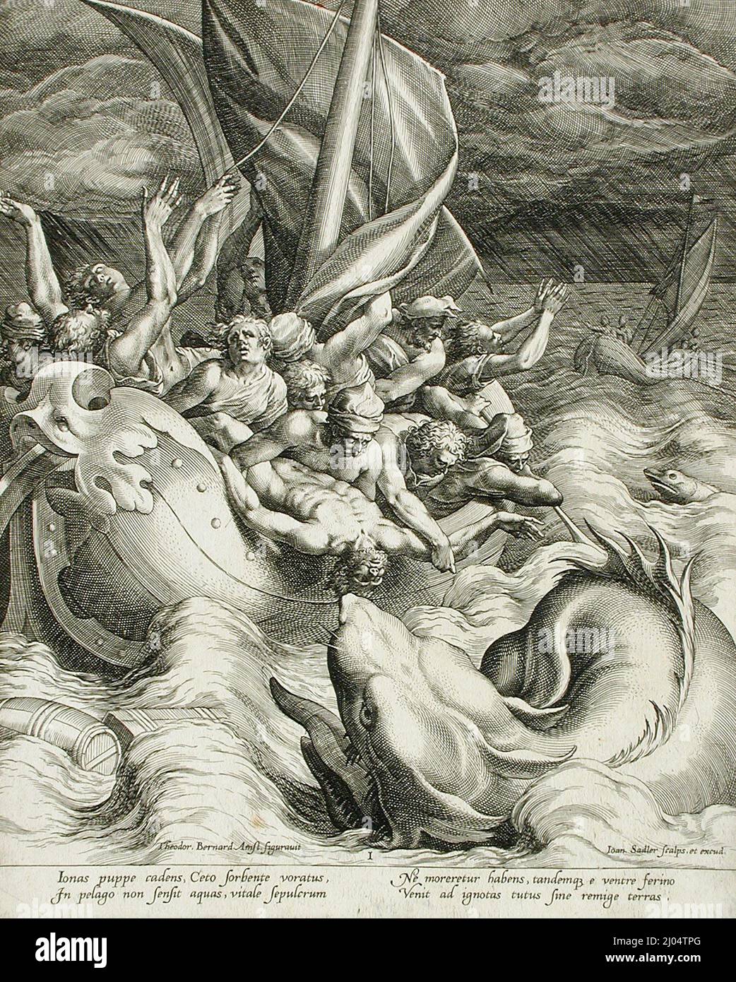 Jonah Thrown to the Whale. Johannes Sadeler I (Flanders, Brussels, 1550-circa 1600). Flanders, circa 1582. Prints; engravings. Engraving, laid down Stock Photo