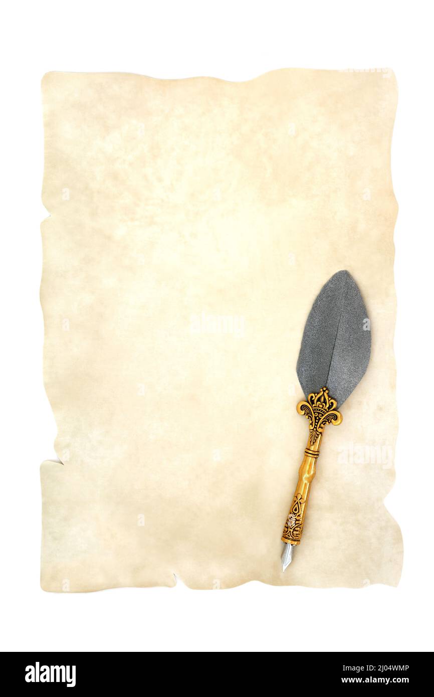 Parchment scroll with ornate feather quill pen on white background. Top