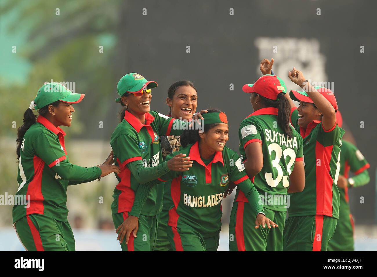 Bangladesh women's cricket players celebrate their victory against