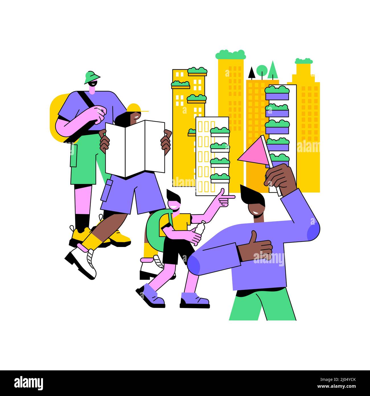 City tour abstract concept vector illustration. City tourist excursion group, modern urban tourism, sightseeing with guide, double decker bus, vacation, old town, taking photos abstract metaphor. Stock Vector