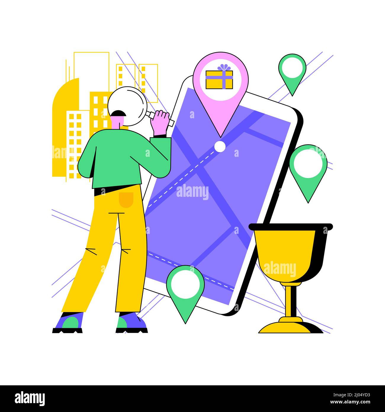 Interactive city quest abstract concept vector illustration. Urban games organization, tourist adventure, city walking, smartphone application, sightseeing tour, urban park abstract metaphor. Stock Vector