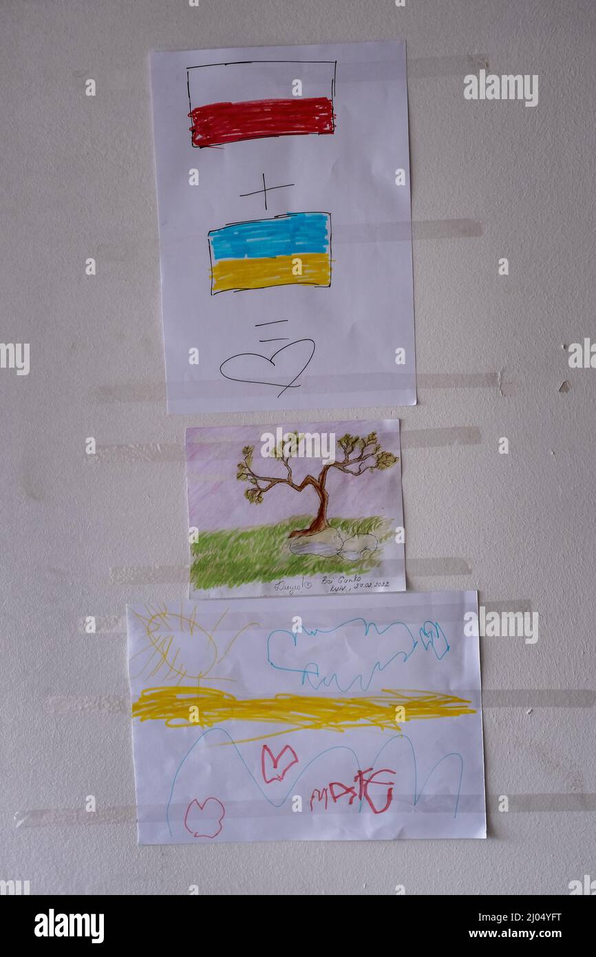 Child's drawing in a refugees center - NOWA GROBLA, POLAND/UKRAINE BORDER - MARCH 05 - Stock Photo