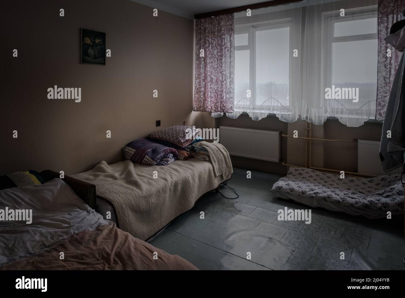 Refugee Bedroom - NOWA GROBLA, POLAND/UKRAINE BORDER - MARCH 05 - Stock Photo