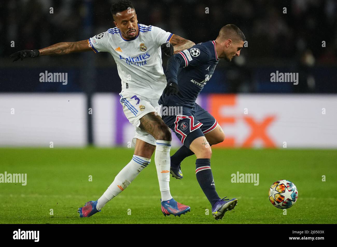 Eder Gabriel Militao of Real Madrid and Marco Verratti of PSG during the UEFA Champions League match between Paris Saint Germain and Real Madrid played at Parque des Princes Stadium on February 15, 2022 in Paris, Spain. (Photo by PRESSINPHOTO) Stock Photo