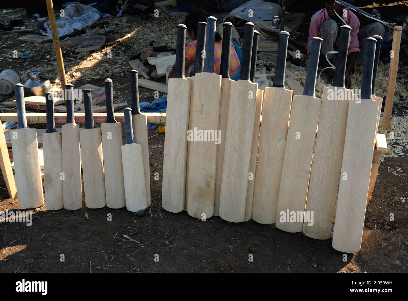 Nashik, Maharashtra, India, Asia, Dec. 09, 2006 - A generic wooden cricket bat in work shop for sale Stock Photo