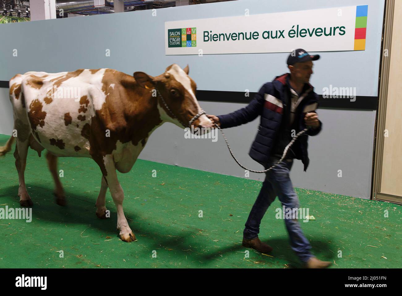Paris, France. 3rd Mar, 2022, Man driving his cow at International Agricultural Show, on March 3, 2022 in Paris,  France. Credit:Gerard Crossay/Alamy Stock Photo