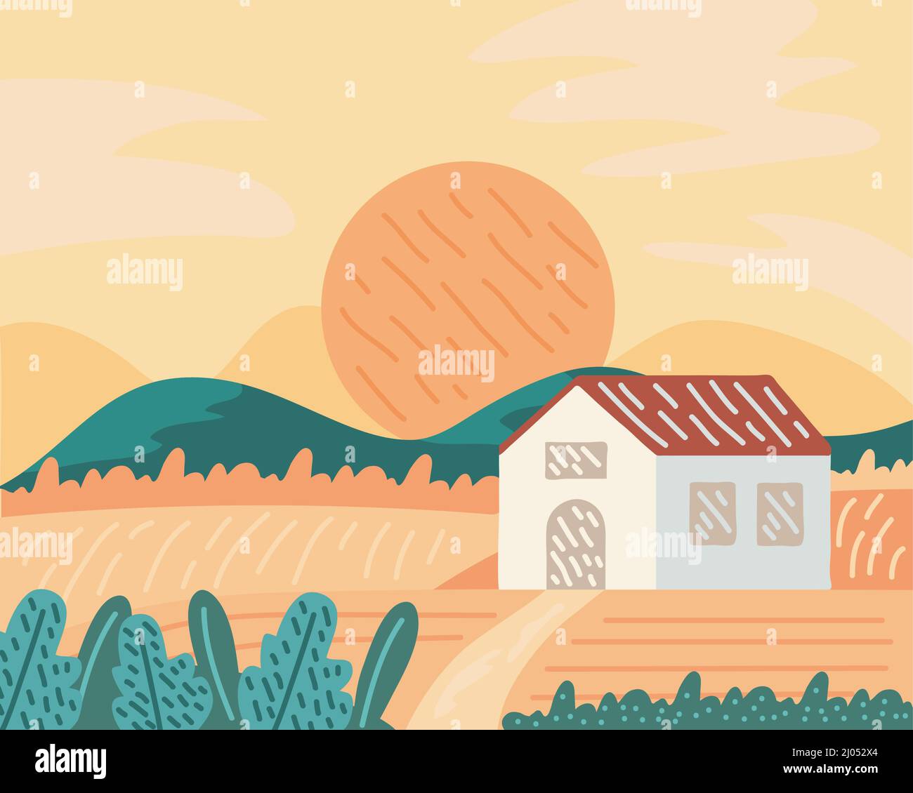 rural landscape farm with house Stock Vector Image & Art - Alamy
