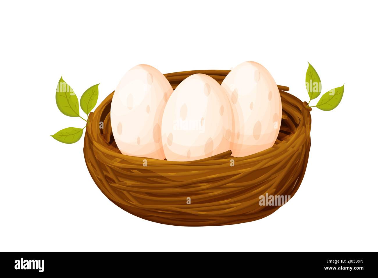 Bird nest from sticks with eggs decorated with leaves in cartoon style isolated on white background. Spring clip art, nestling. new life. Vector illustration Stock Vector