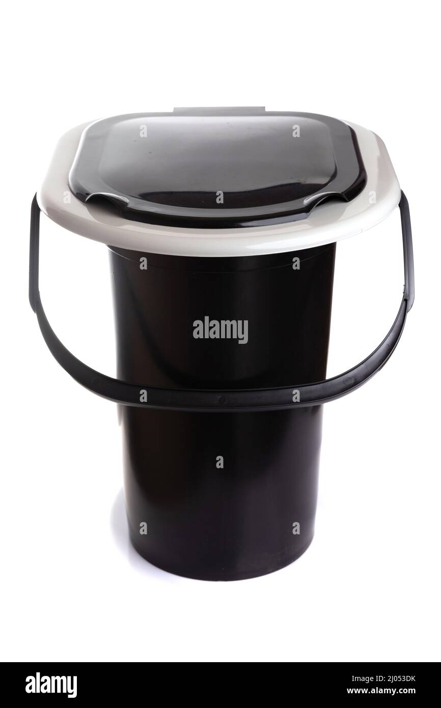 portable plastic bucket toilet bowl with lid and handle on a white