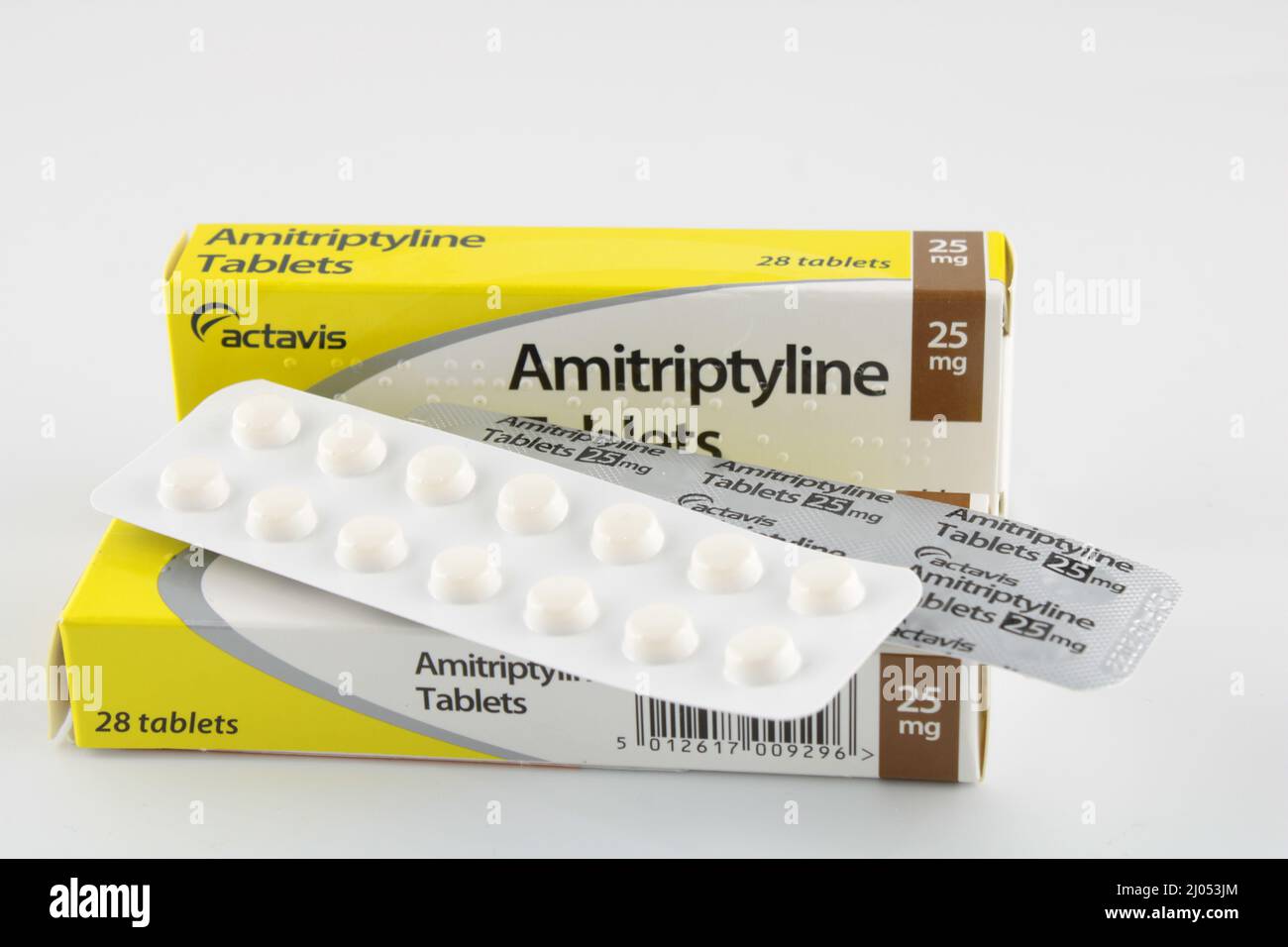 Amitriptyline tablets 25mg prescribed to treat depression, mental health concept. Stock Photo