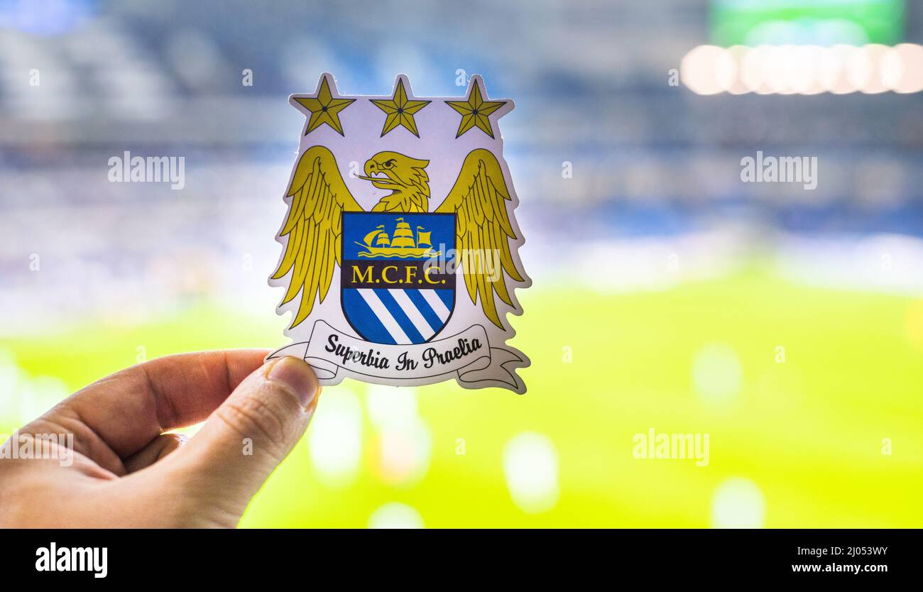 August 30, 2021, Manchester, United Kingdom. The emblem of the Manchester City football club on