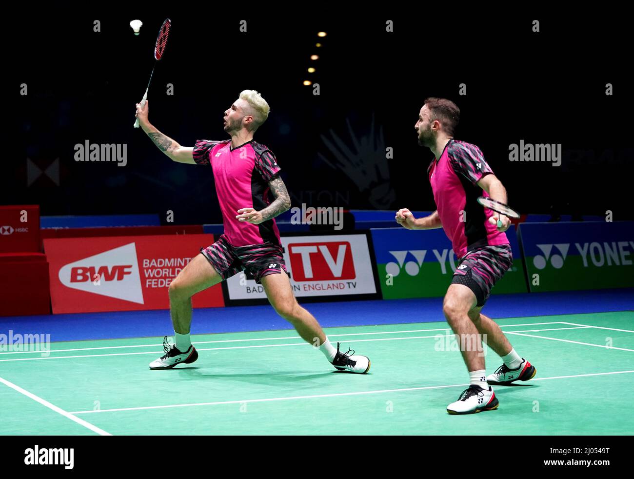 Englands Ben Lane and Sean Vendy (left) in action against Malaysias Tan Kian Meng and Tan Wee Kiong during day one of the YONEX All England Open Badminton Championships at the Utilita